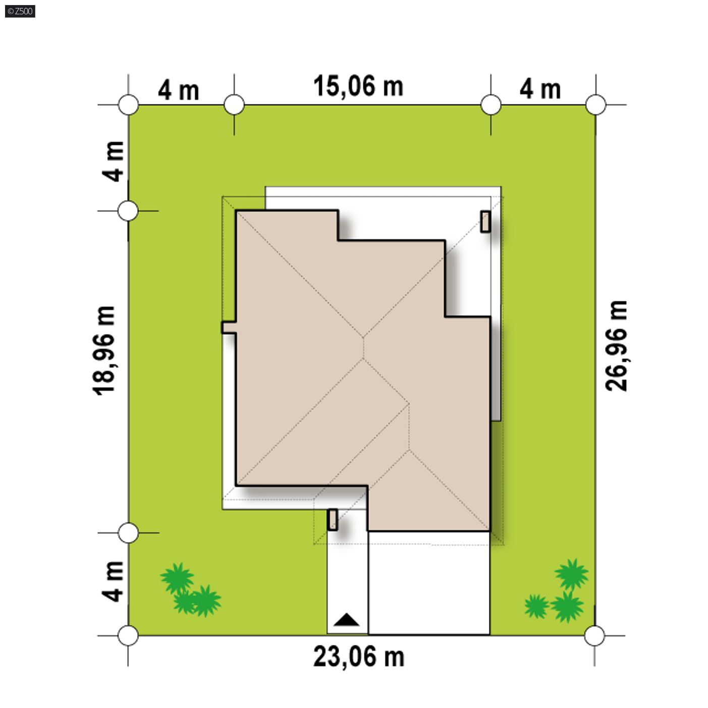 Gotowy projekt domu  - Parterowy dom z dachem wielospadowym, 4 pokojami oraz dużym zadaszonym tarasem.