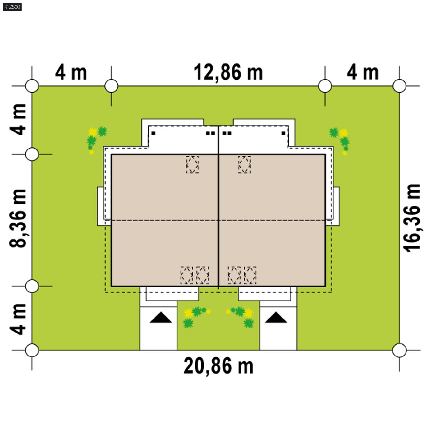 Gotowy projekt domu  - mały dom dwulokalowy z trzema sypialniami w każdym z lokali na poddaszu.