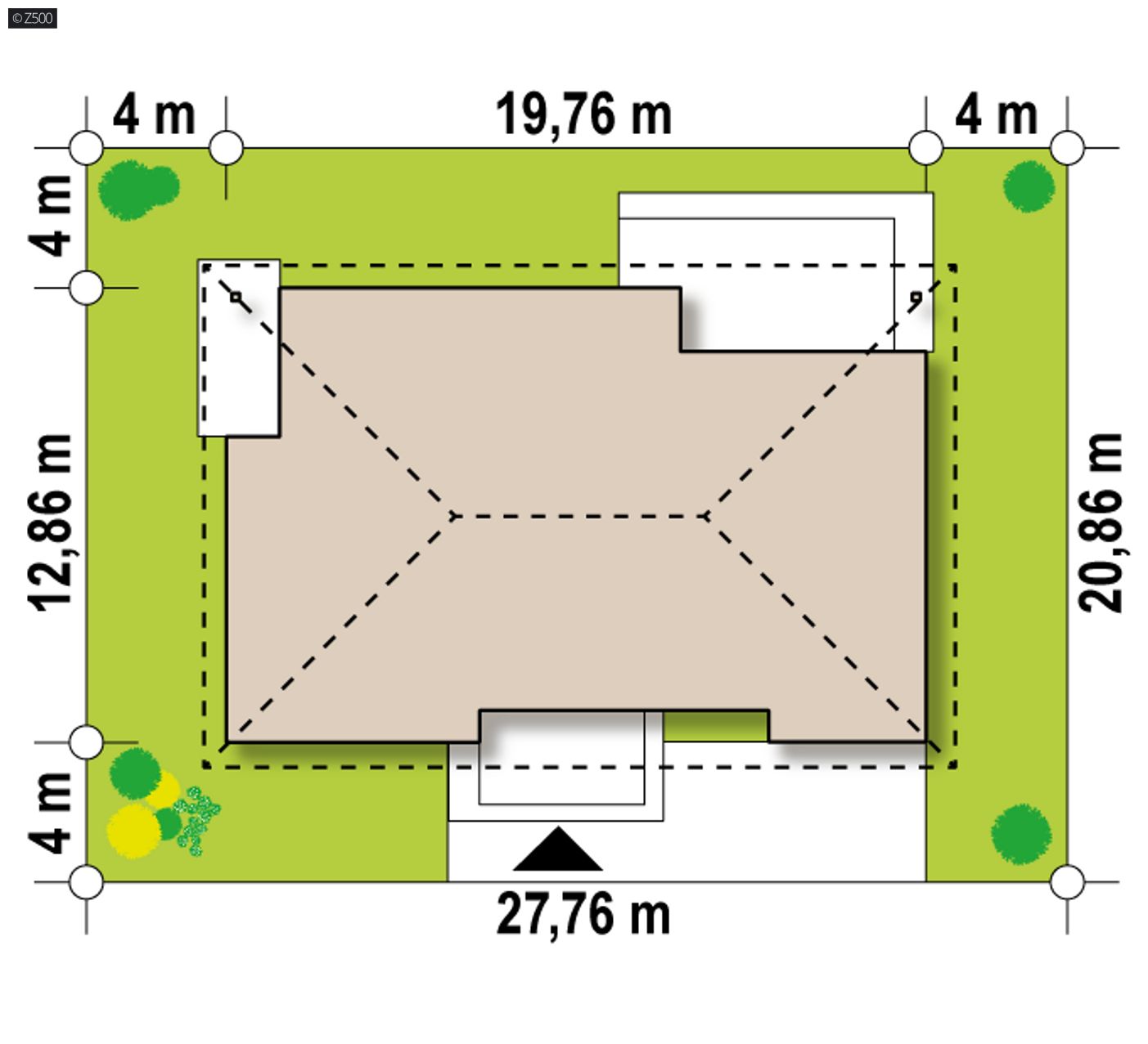Gotowy projekt domu  - Parterowy dom z opcją poddasza, garażem oraz dużym PG. Dach czterospadowy z lukarną