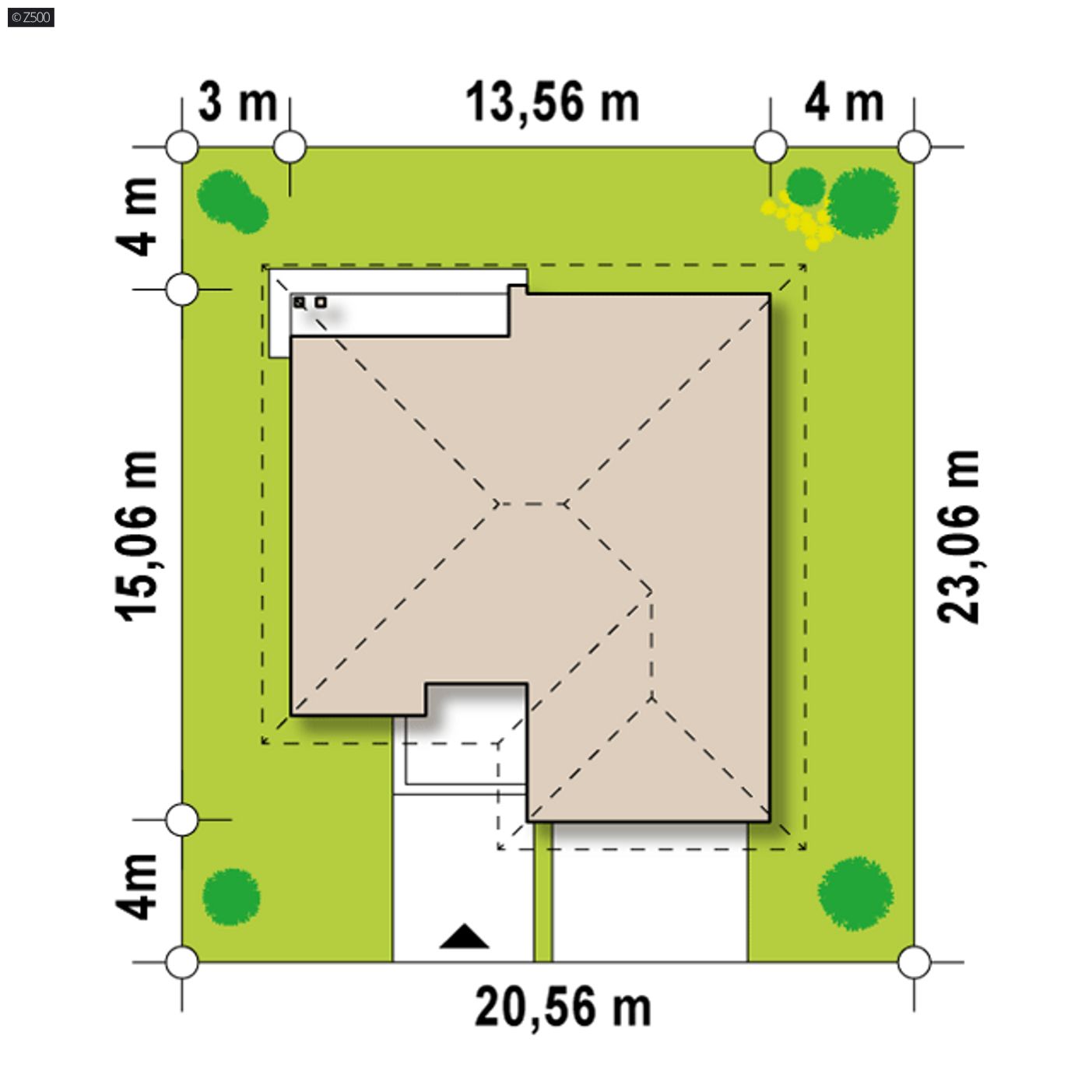 Gotowy projekt domu  - Parterowy dom z dachem kopertowym z frontowym garażem na dwa samochody.