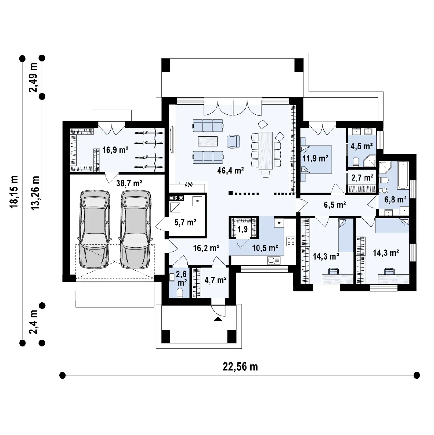 Projekt domu Zx169 Parterowy dom, z płaskim dachem, zadaszonym