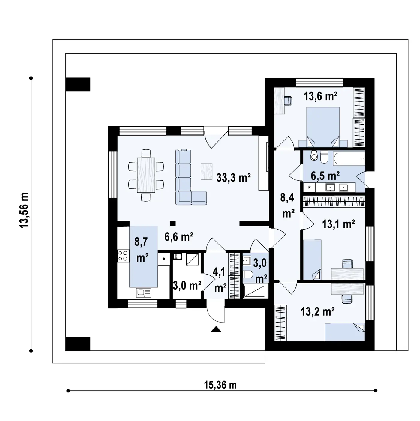 Projekt domu Zx83 Dom parterowy z podziałem na strefy, z 3