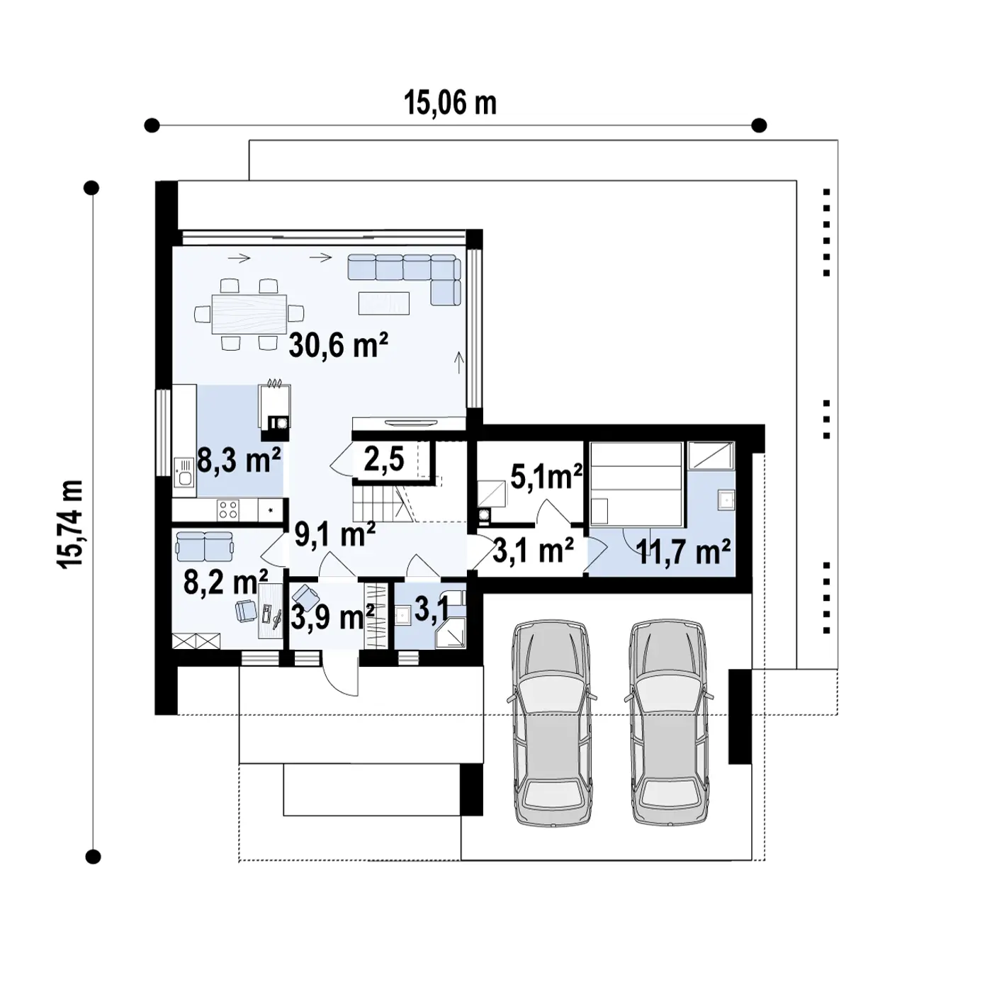 Lowページ Projekt domu Zx167 Nowoczesny dom piętrowy z płaskim dachem, wiatą