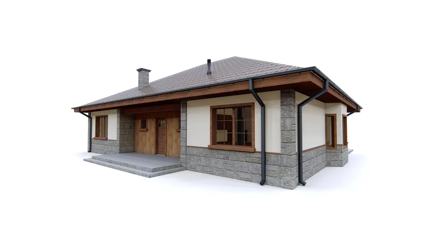 Gotowy projekt domu  - Parterowy dom z trzema sypialniami, dachem kopertowym i kominkiem na tarasie