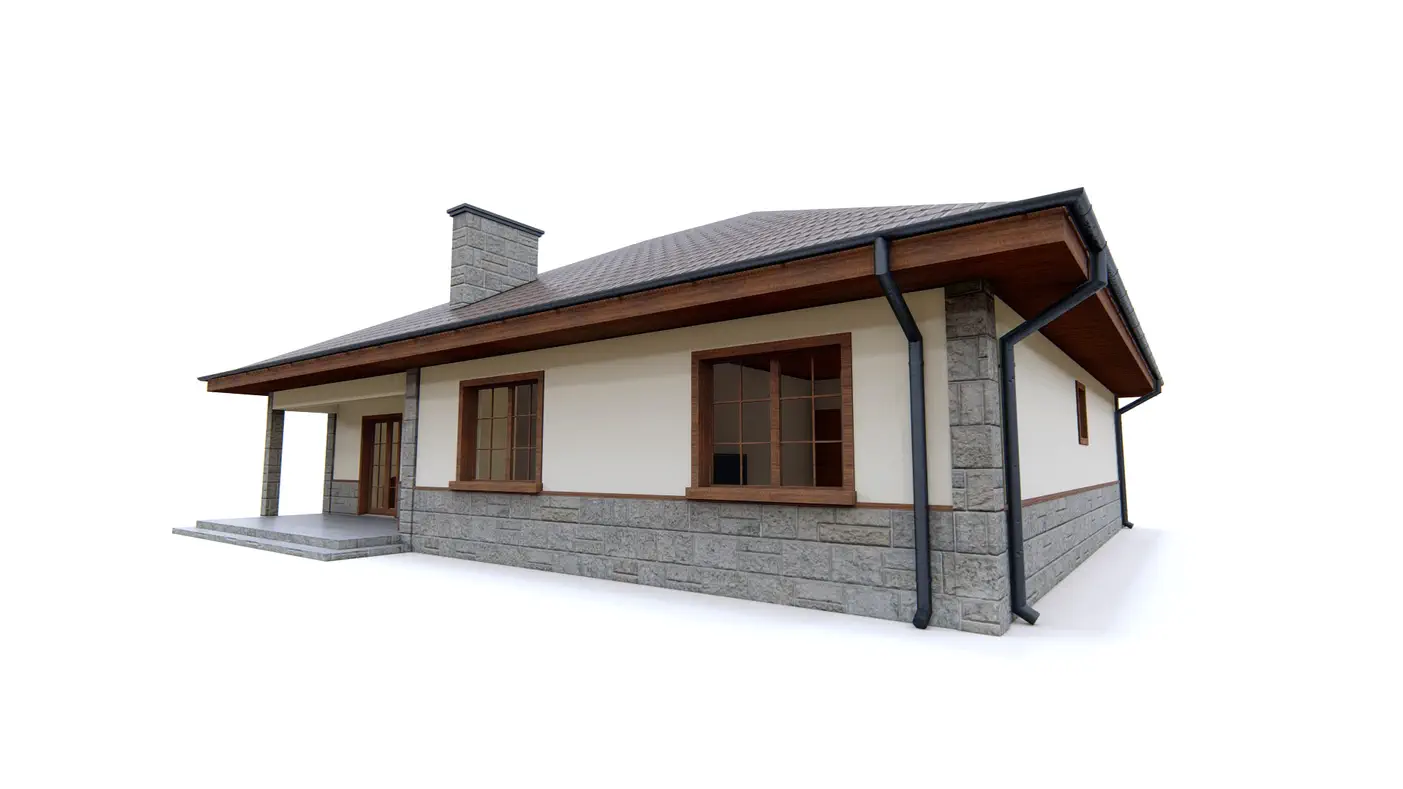 Gotowy projekt domu  - Parterowy dom z trzema sypialniami, dachem kopertowym i kominkiem na tarasie