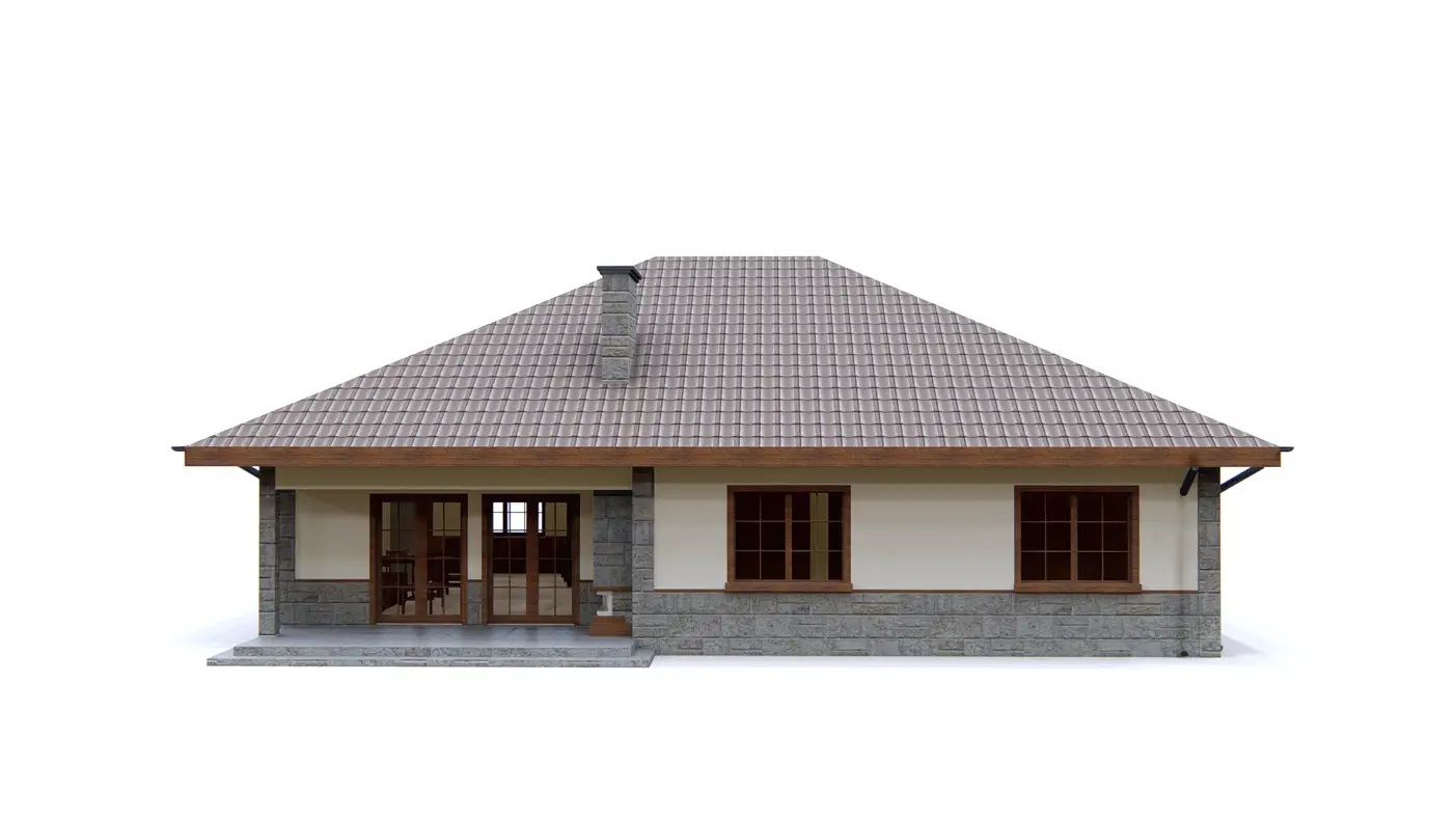 Gotowy projekt domu  - Parterowy dom z trzema sypialniami, dachem kopertowym i kominkiem na tarasie