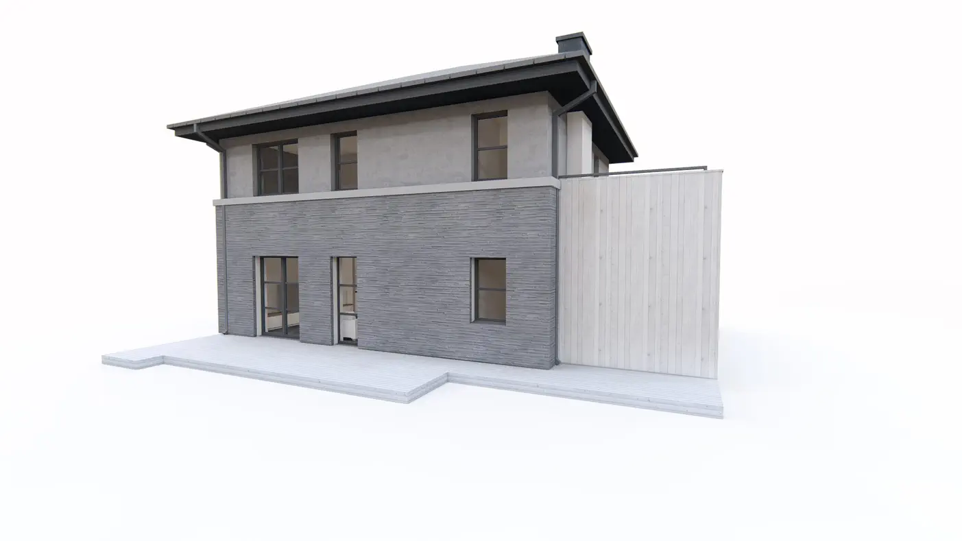 Gotowy projekt domu  - Piętrowy dom z czteroma pokojami, kopertowym dachem, tarasem i wygodnym układem