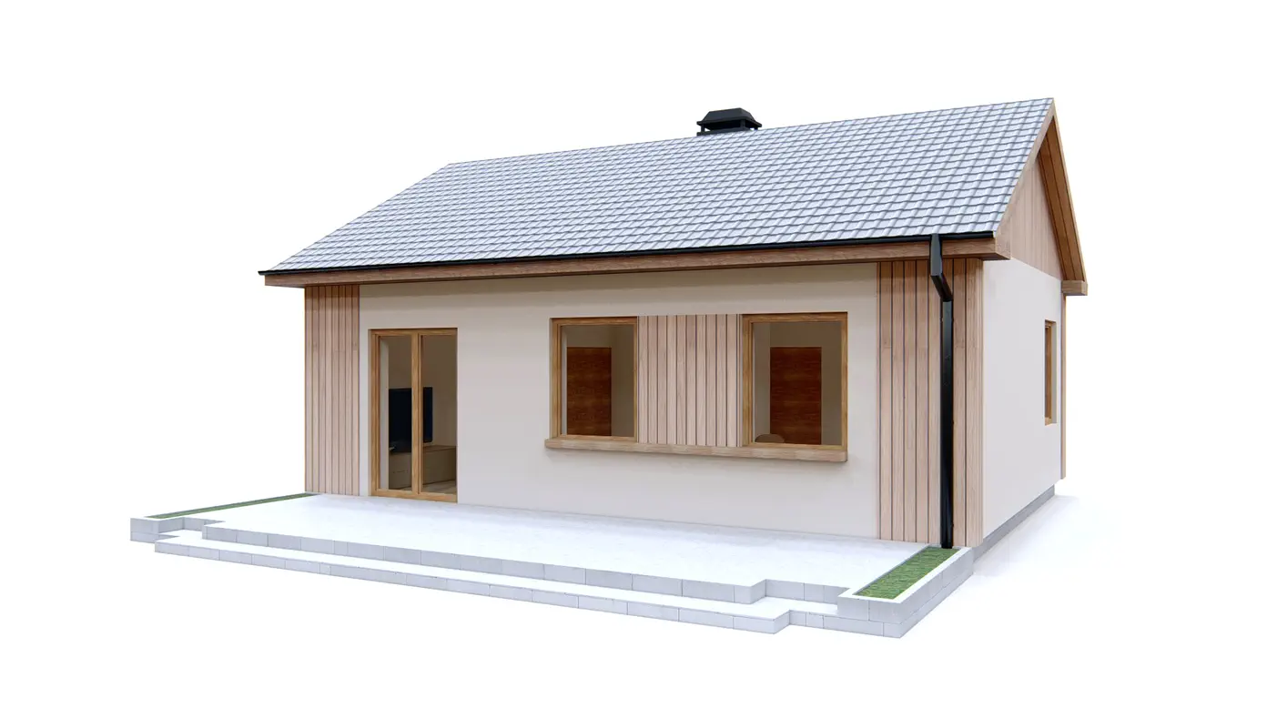 Gotowy projekt domu  - Mały, ekonomiczny w budowie dom parterowy z dwuspadowym dachem i dwoma pokojami