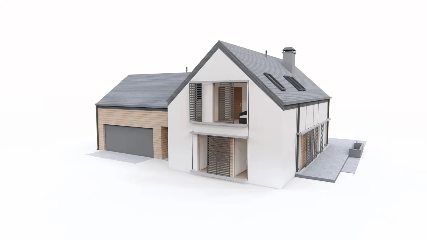 Gotowy projekt domu  - Stylowa nowoczesna stodoła, dom z poddaszem i garażem oraz jasną strefą dzienną