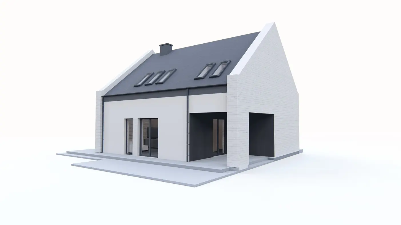 Gotowy projekt domu  - Dom z poddaszem użytkowym, garażem od frontu oraz zadaszonym narożnym tarasem.