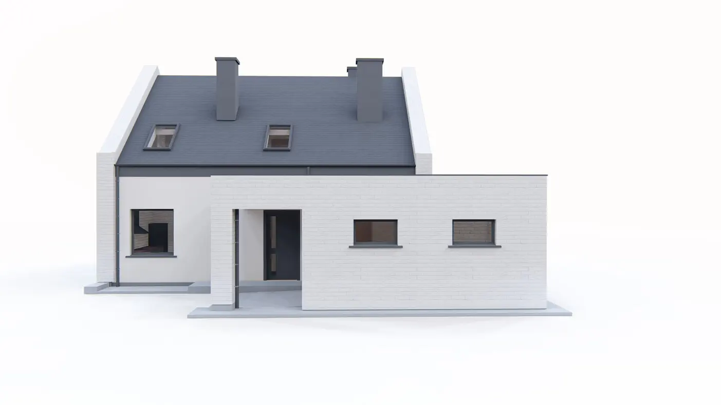 Gotowy projekt domu  - Dom z poddaszem użytkowym, garażem od frontu oraz zadaszonym narożnym tarasem.