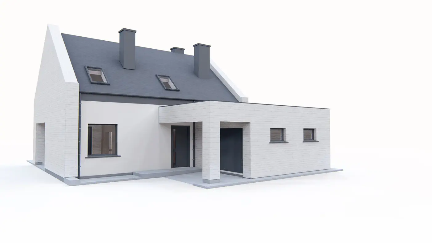 Gotowy projekt domu  - Dom z poddaszem użytkowym, garażem od frontu oraz zadaszonym narożnym tarasem.