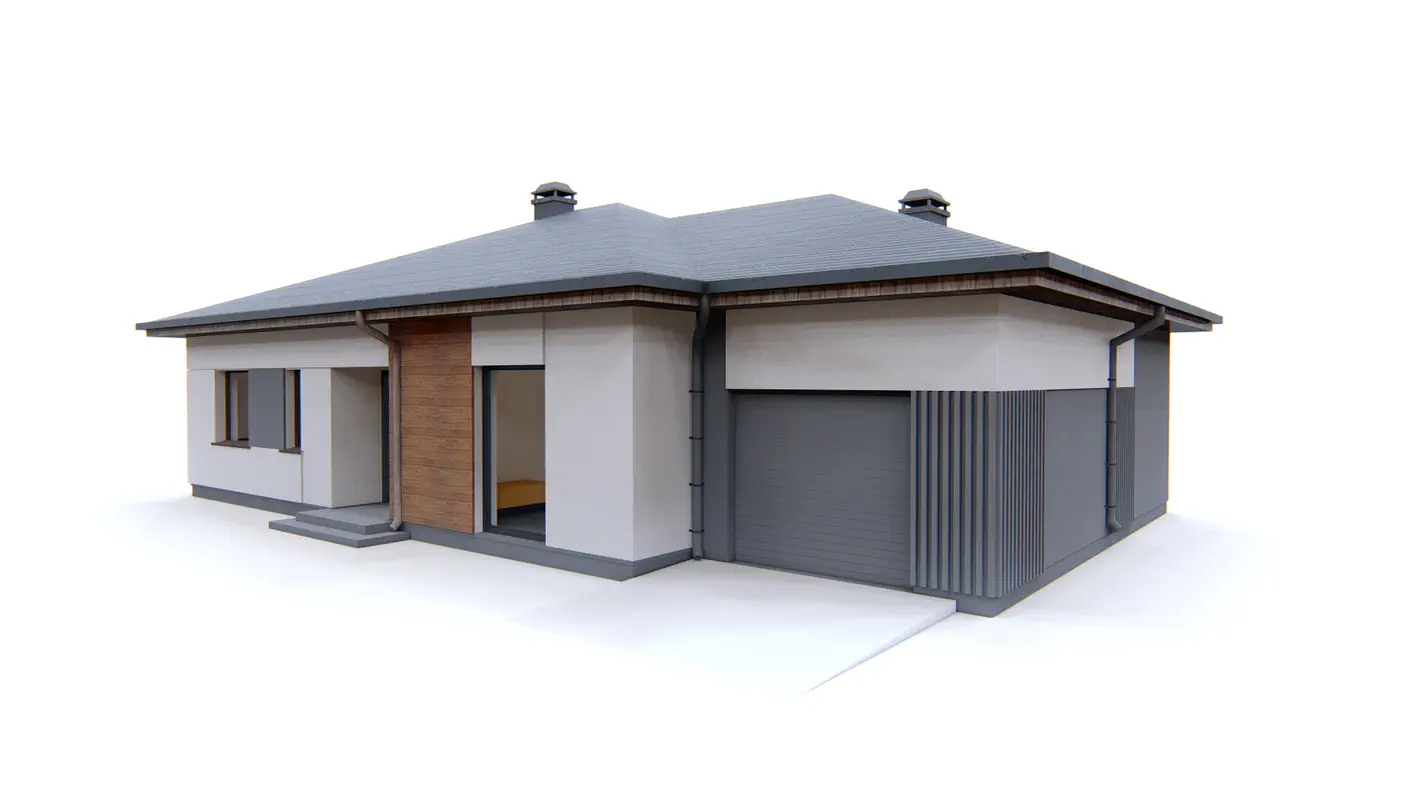 Gotowy projekt domu  - Parterowy dom o zwartej, horyzontalnej bryle z wielospadowym dachem oraz garażem