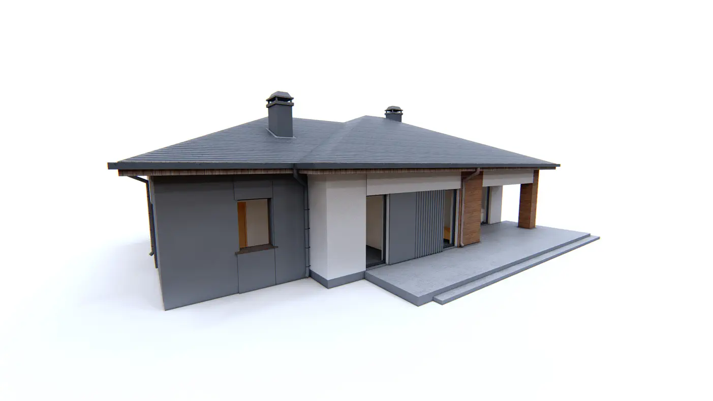 Gotowy projekt domu  - Parterowy dom o zwartej, horyzontalnej bryle z wielospadowym dachem oraz garażem