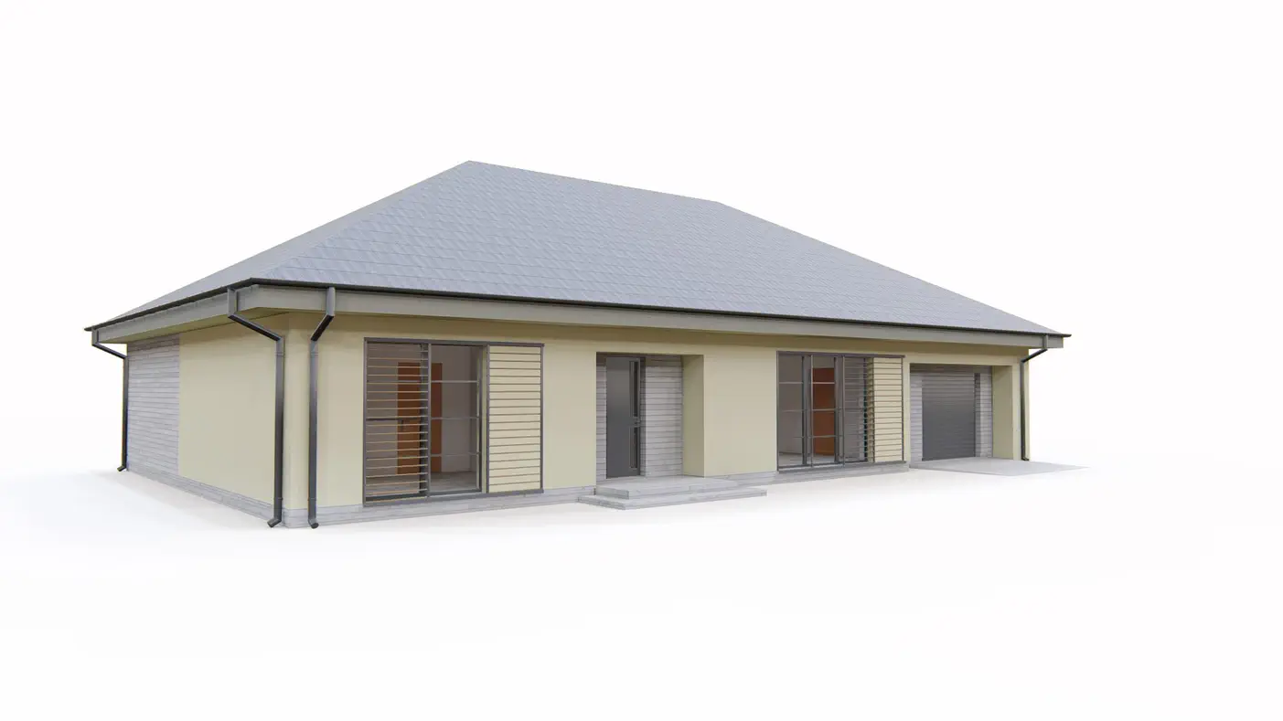 Z123 to wyjątkowy dom z kategorii projekty domów z czterema pokojami Gotowy projekt domu - Parterowy dom z dachem kopertowym, garażem, 3 sypialniami na planie prostokąta