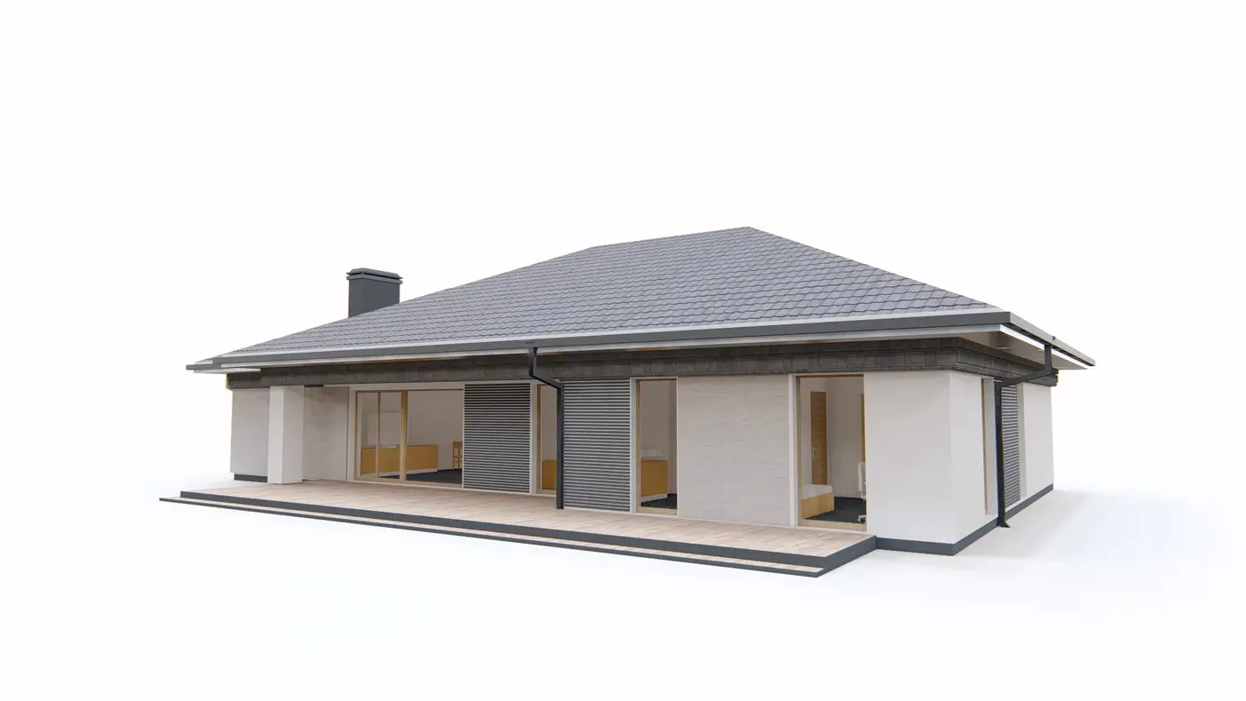 Gotowy projekt domu  - Parterowy dom z garażem po prawej stronie i czterema sypialniami. 