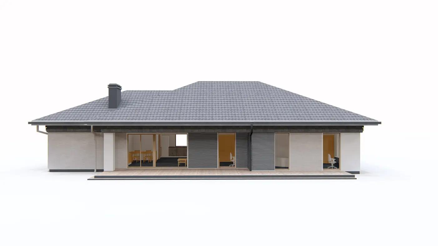 Gotowy projekt domu  - Parterowy dom z garażem po prawej stronie i czterema sypialniami. 