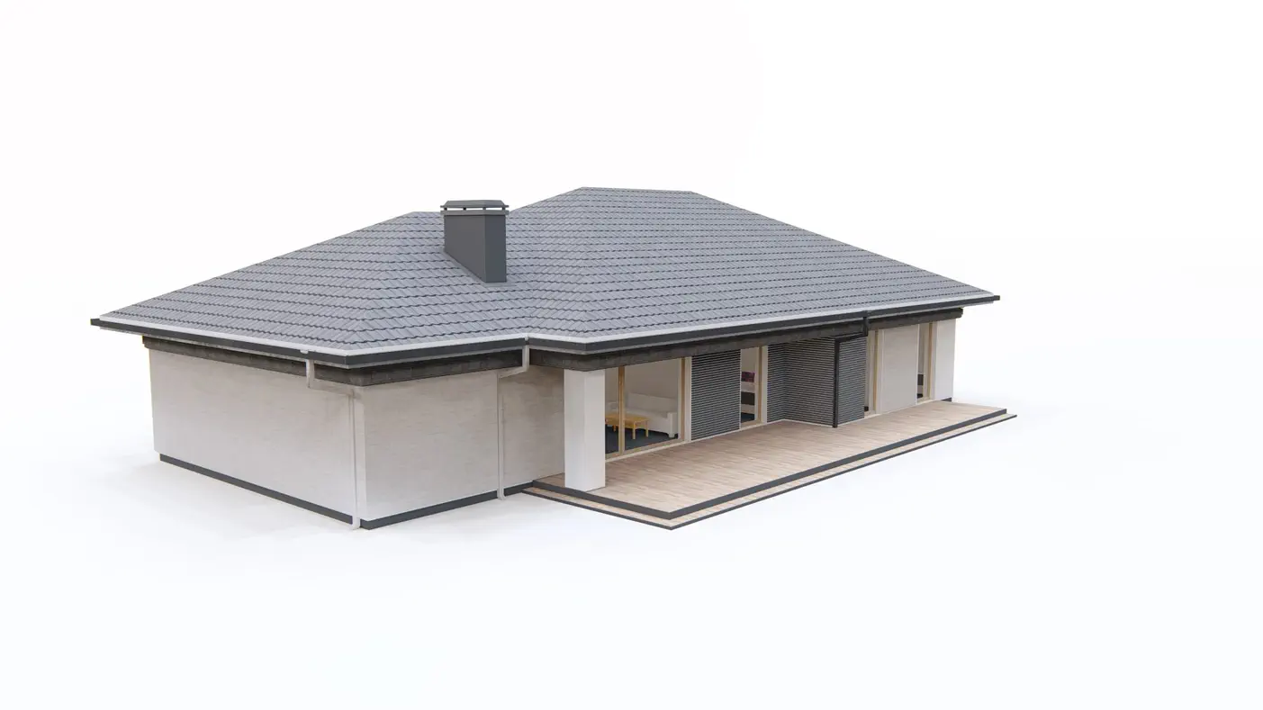 Gotowy projekt domu  - Parterowy dom z garażem po prawej stronie i czterema sypialniami. 