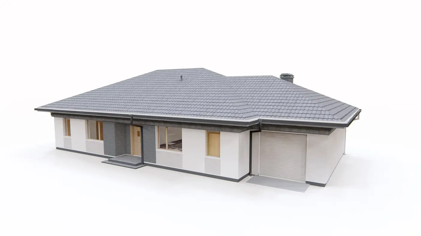 Gotowy projekt domu  - Parterowy dom z garażem po prawej stronie i czterema sypialniami. 