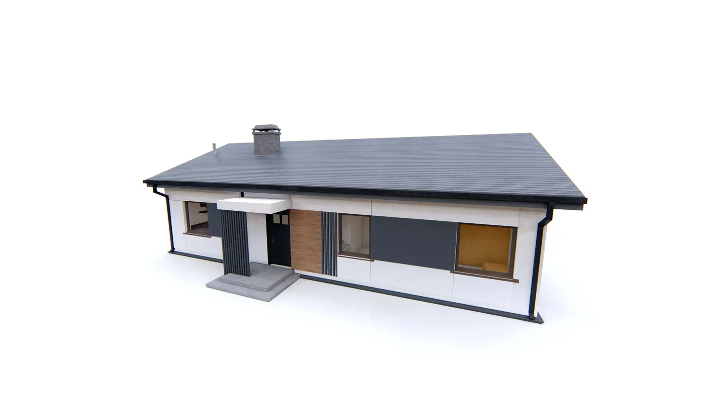 Z376 to wyjątkowy dom z kategorii projekty domów z większą liczbą pokoi Gotowy projekt domu - Parterowy dom o prostej bryle z funkcjonalnym układem, 4 sypialniami i kominkiem