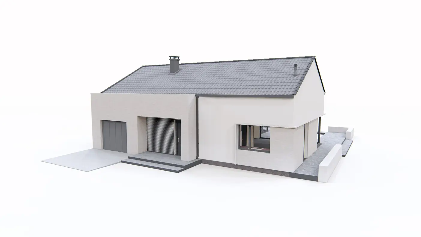 Gotowy projekt domu  - Dom parterowy z opcja poddasza użytkowego z garażem w bryle. 