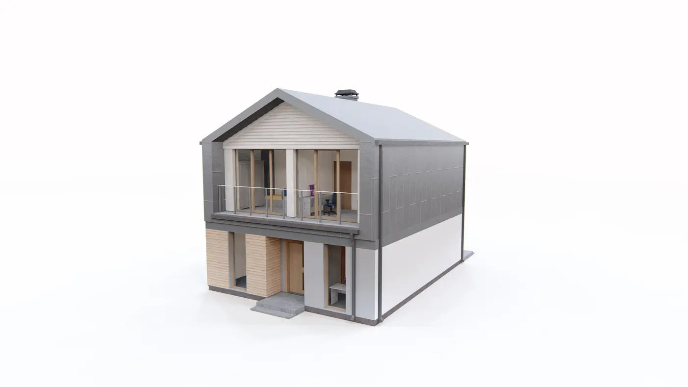 Gotowy projekt domu  - Dom z poddaszem użytkowym, dach dwuspadowy, pokój na parterze.