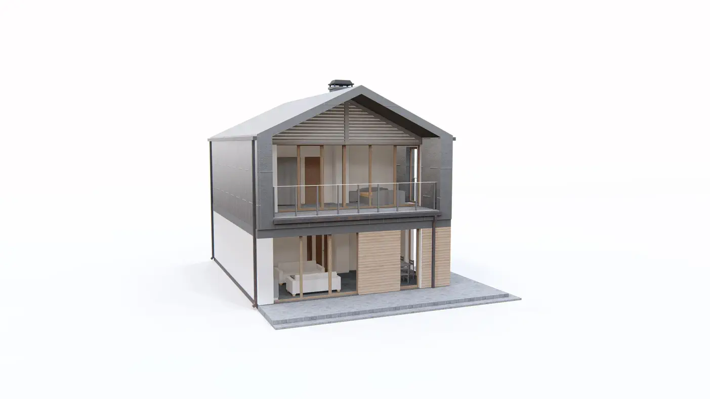 Gotowy projekt domu  - Dom z poddaszem użytkowym, dach dwuspadowy, pokój na parterze.