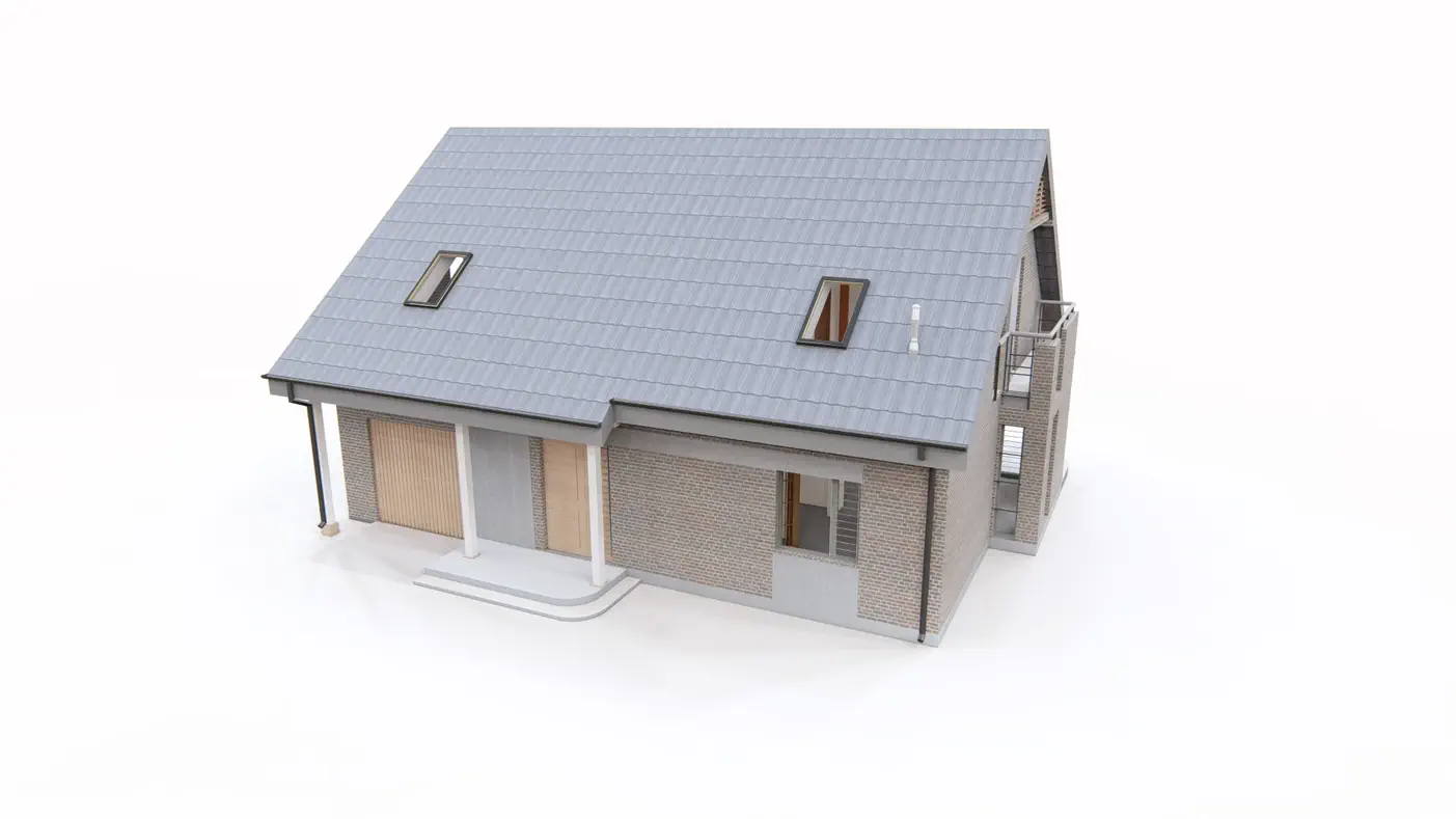 Gotowy projekt domu  - Ekonomiczny dom z dwuspadowym dachem, przestronną częścią dzienną i garażem