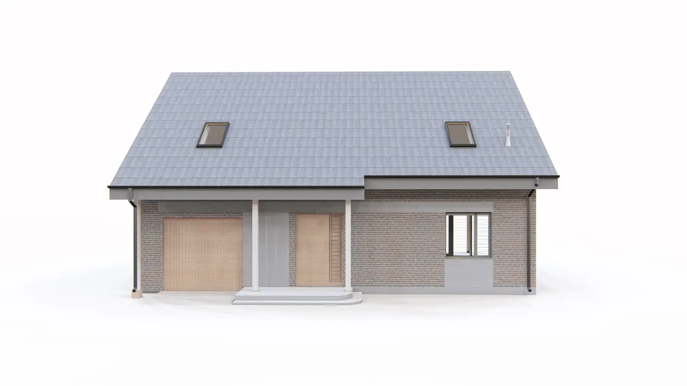 Gotowy projekt domu  - Ekonomiczny dom z dwuspadowym dachem, przestronną częścią dzienną i garażem