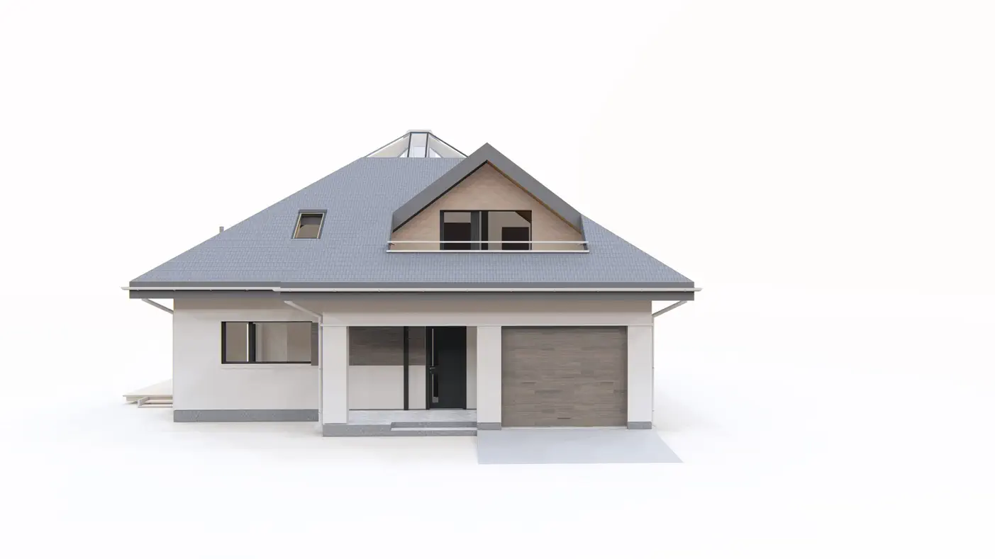 Z143 to wyjątkowy dom z kategorii projekty domów do 160 m2 Gotowy projekt domu - Dom z poddaszem, przestronnym salonem, sypialnią z garderobą na parterze i garażem.