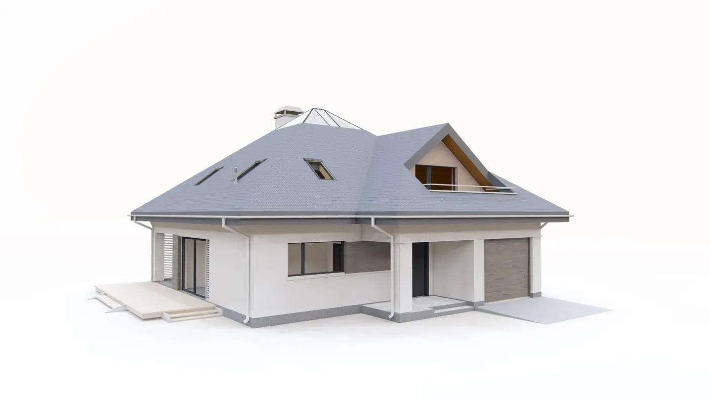 Z143 to wyjątkowy dom z kategorii projekty domów z większą liczbą pokoi Gotowy projekt domu - Dom z poddaszem, przestronnym salonem, sypialnią z garderobą na parterze i garażem.