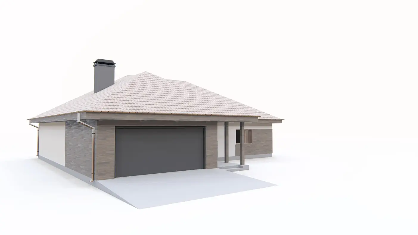 Gotowy projekt domu  - Parterowy, wygodny dom jednorodzinny, z zadaszonym tarasem i garażem na dwa auta.