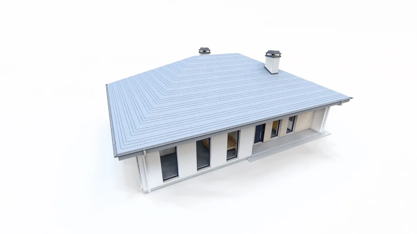 Gotowy projekt domu  - Parterowy dom z dachem kopertowym, trzema sypialniami i dużymi przeszkleniami