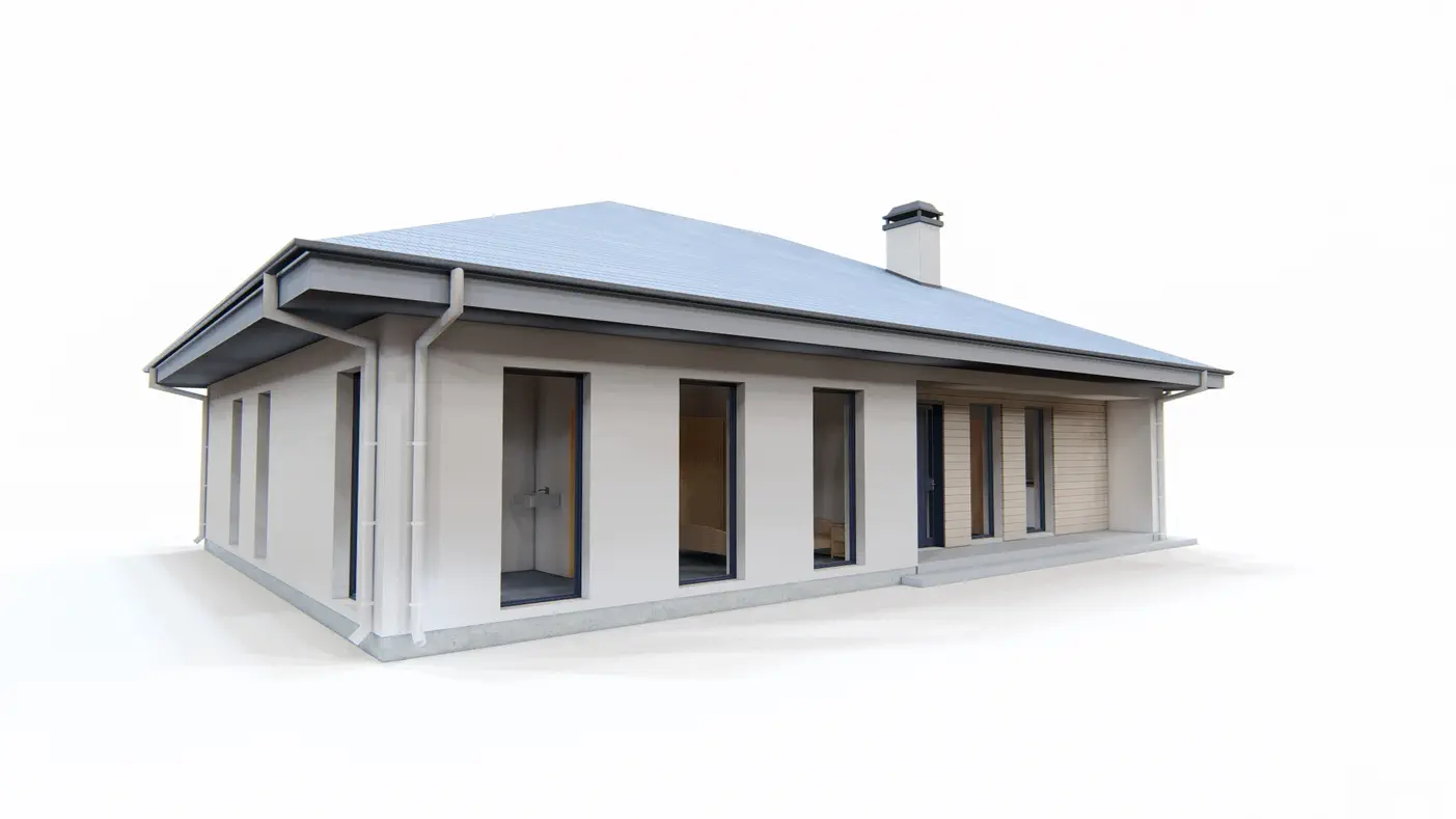 Gotowy projekt domu  - Parterowy dom z dachem kopertowym, trzema sypialniami i dużymi przeszkleniami