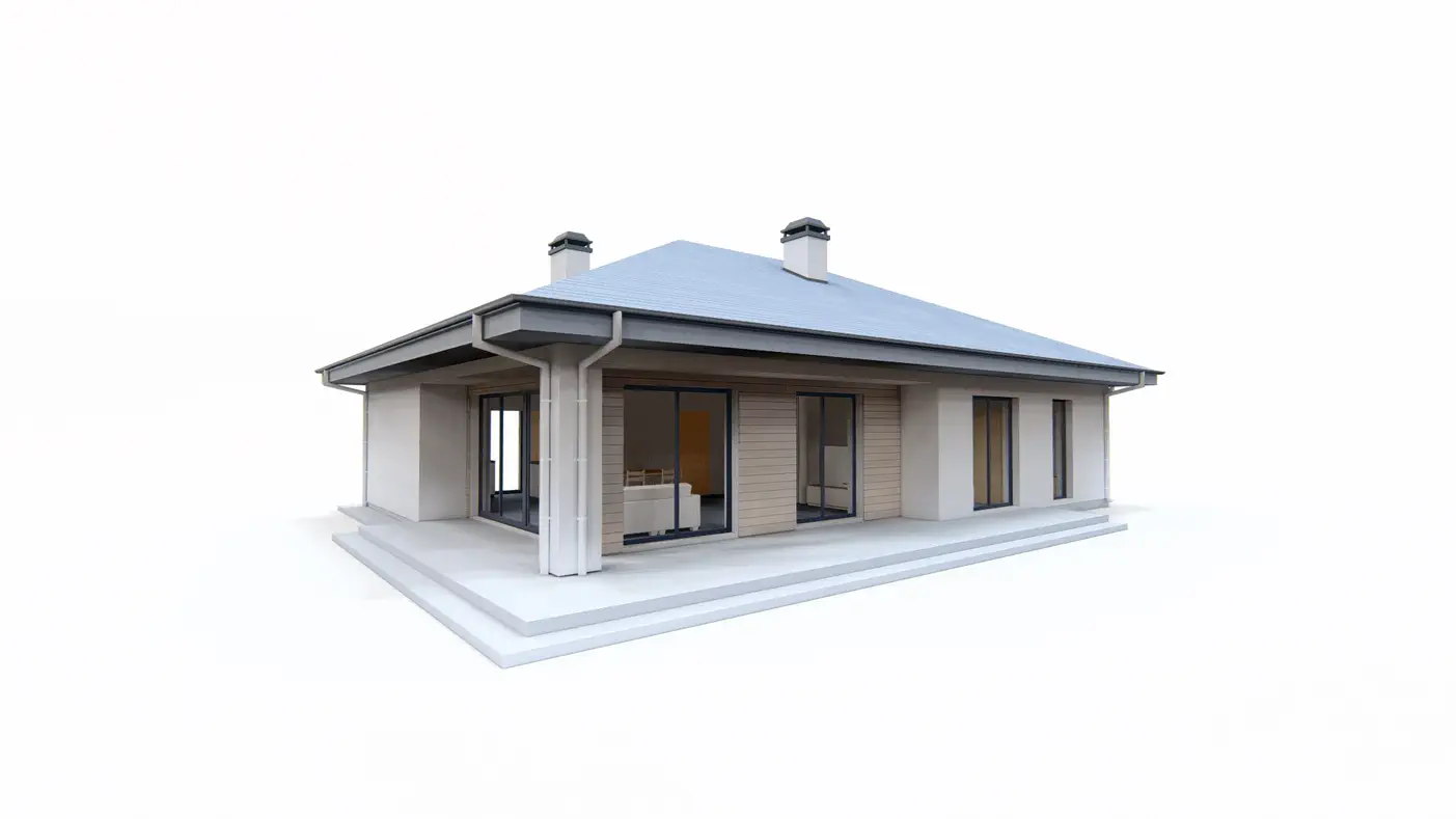 Gotowy projekt domu  - Parterowy dom z dachem kopertowym, trzema sypialniami i dużymi przeszkleniami