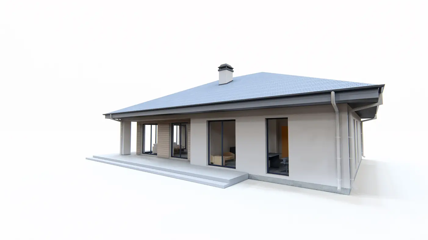 Gotowy projekt domu  - Parterowy dom z dachem kopertowym, trzema sypialniami i dużymi przeszkleniami