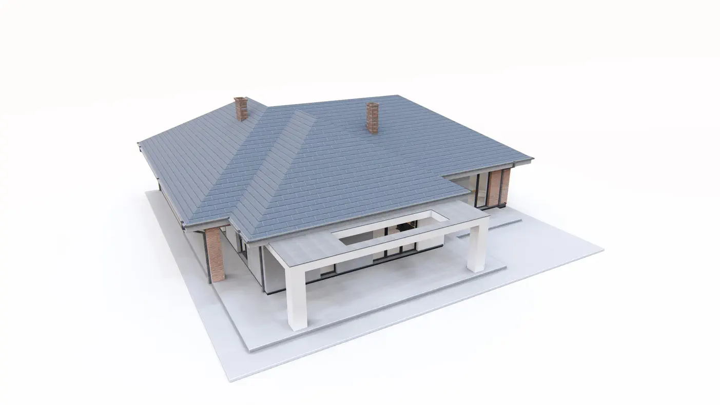 Gotowy projekt domu  - Parterówka o powierzchni 140 m2 z dachem wielospadowym, garażem 2stanowiskowym.