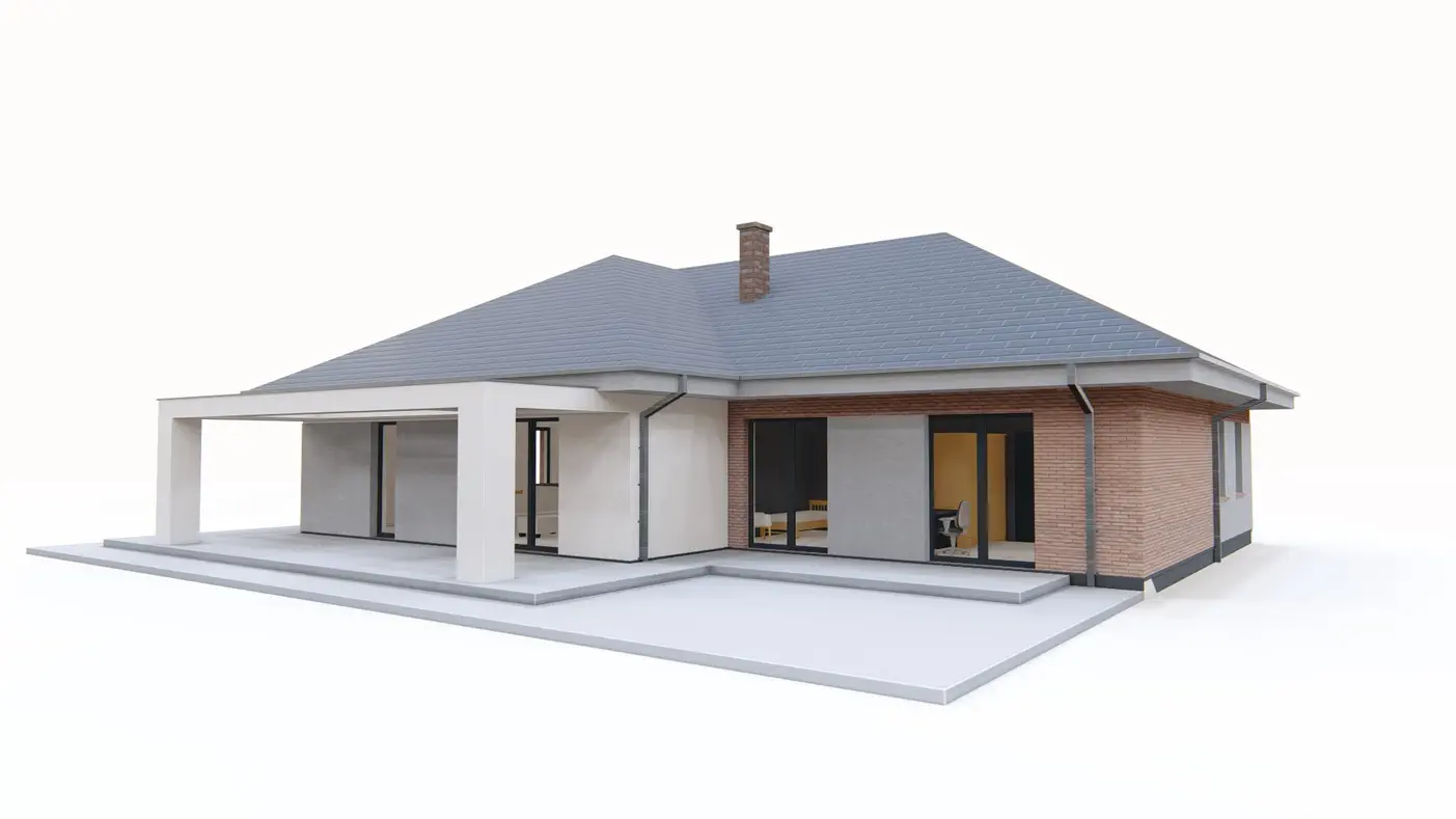 Gotowy projekt domu  - Parterówka o powierzchni 140 m2 z dachem wielospadowym, garażem 2stanowiskowym.