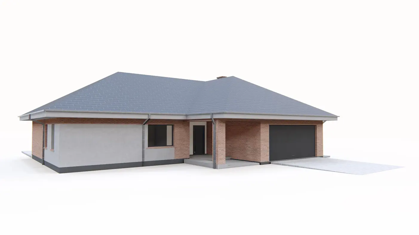 Gotowy projekt domu  - Parterówka o powierzchni 140 m2 z dachem wielospadowym, garażem 2stanowiskowym.