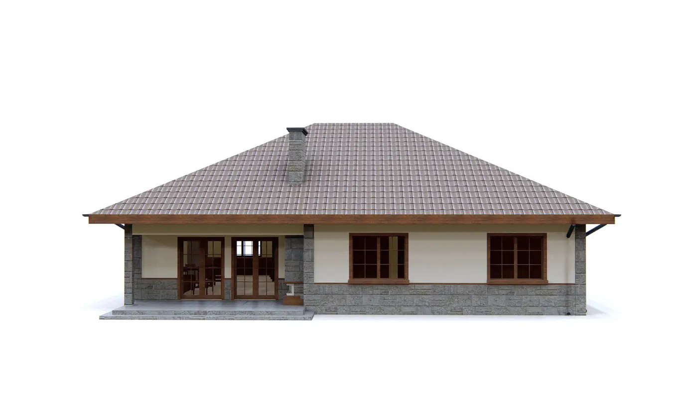 Namo projektas  - Vienaukštis namas su keturšlaičiu stogu, erkeriu ir židiniu terasoje