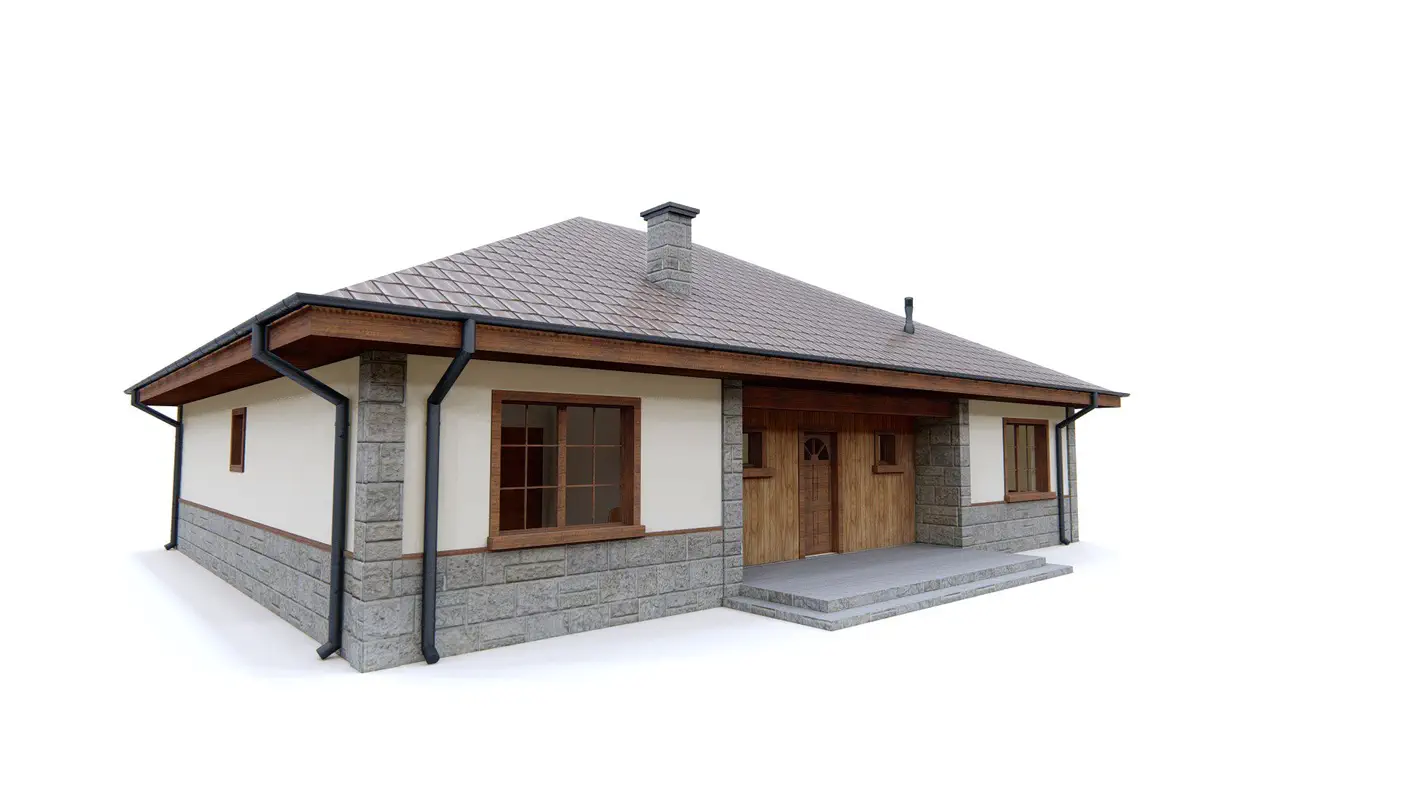 Namo projektas  - Vienaukštis namas su keturšlaičiu stogu, erkeriu ir židiniu terasoje