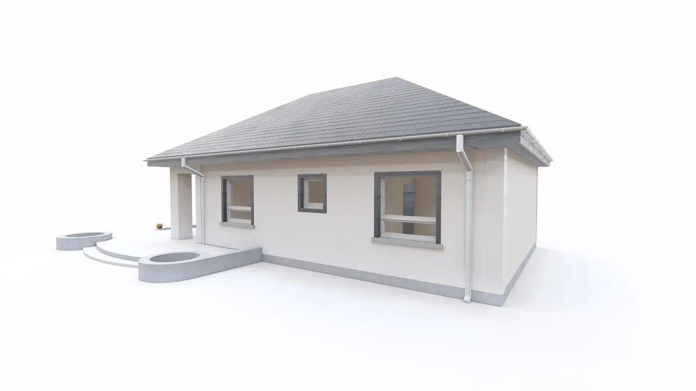 Namo projektas  - Mažas L formos namas su trimis kambariais ir išėjimu į terasą su stogu