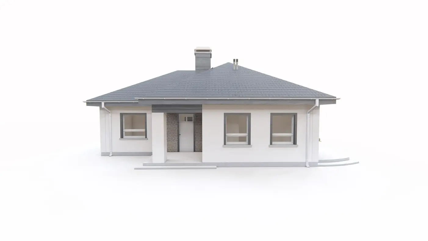 Namo projektas  - Mažas L formos namas su trimis kambariais ir išėjimu į terasą su stogu