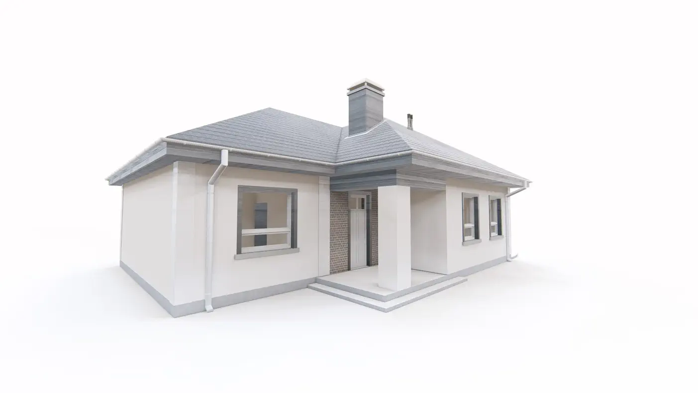 Gotowy projekt domu  - Mały parterowy dom z trzema pokojami, dachem wielospadowym i kuchnią od frontu