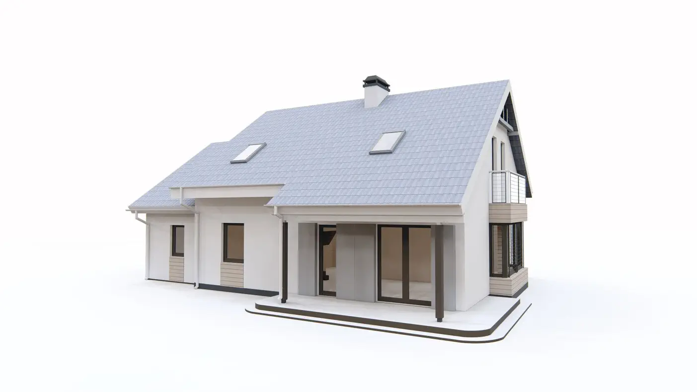 Namo projektas  - Namas su mansarda, didele pagalbine patalpa ir garažu dešinėje