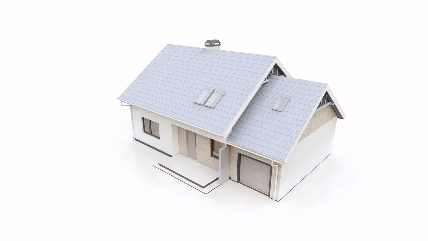 Namo projektas  - Namas su mansarda, didele pagalbine patalpa ir garažu dešinėje