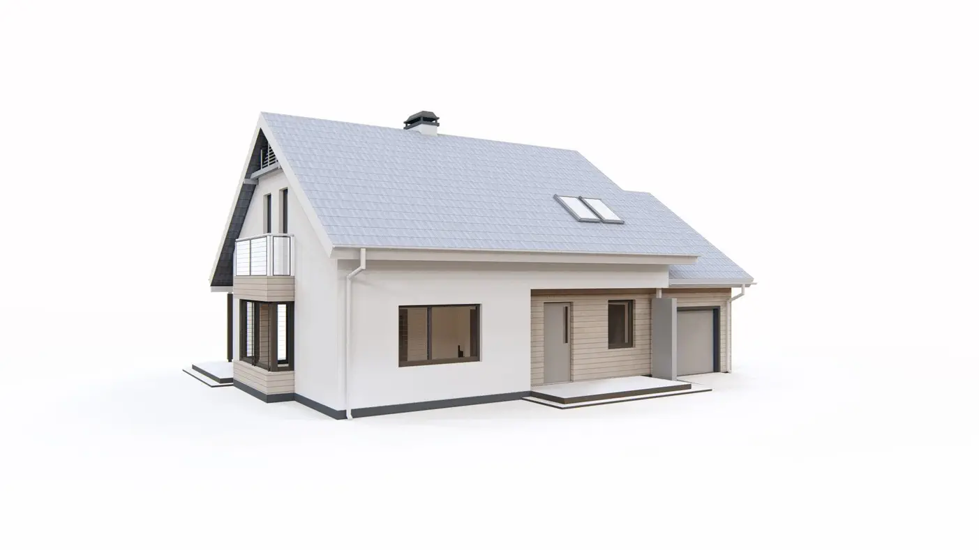 Namo projektas  - Namas su mansarda, didele pagalbine patalpa ir garažu dešinėje