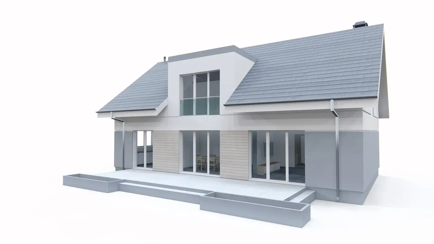 Namo projektas  - Namas su mansarda ir terasa virš dviviečio garažo