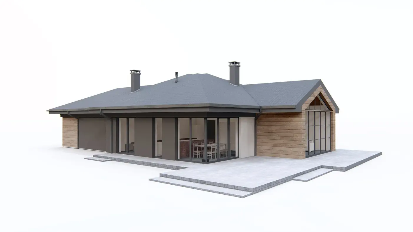 Namo projektas  - Modernus vienaaukštis namas su dviviečiu garažu