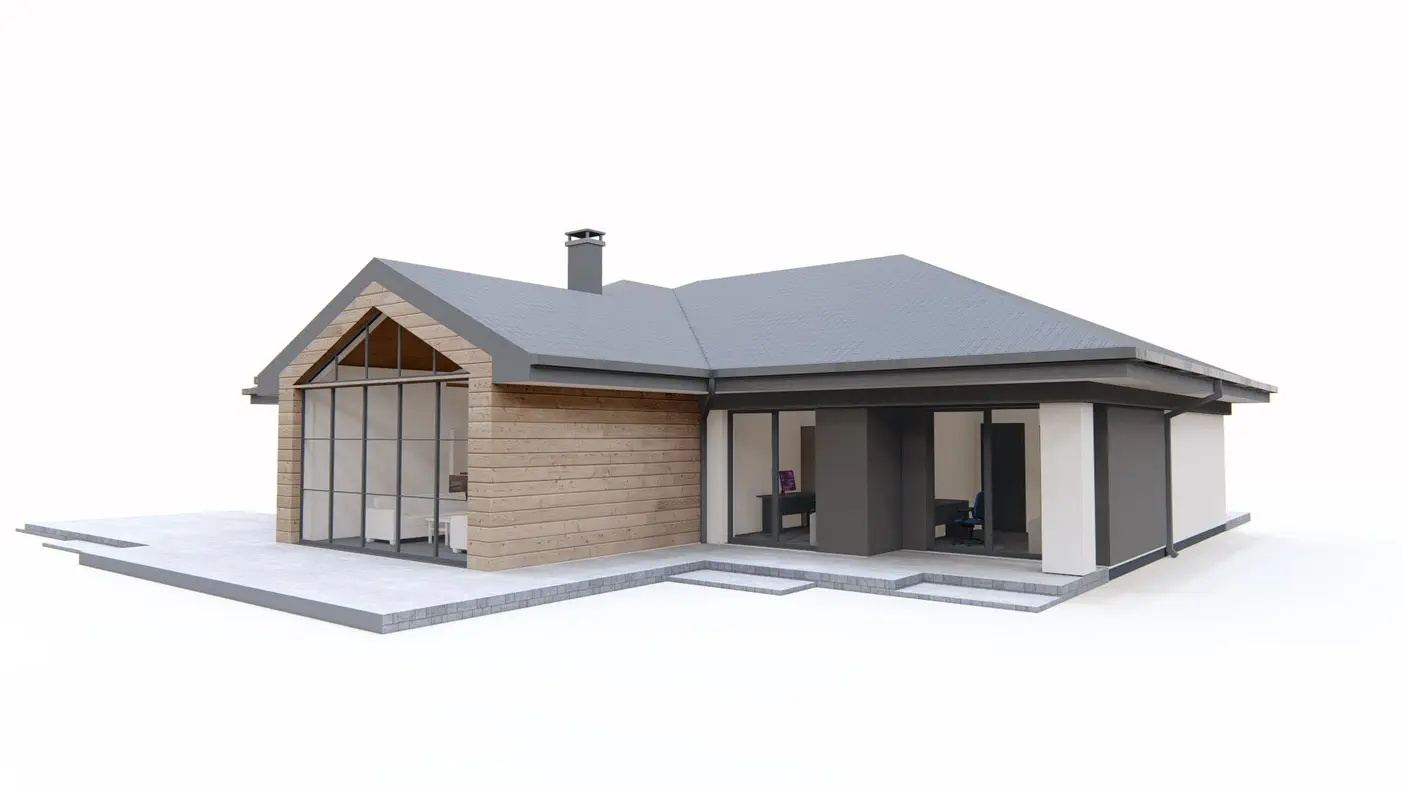 Namo projektas  - Modernus vienaaukštis namas su dviviečiu garažu